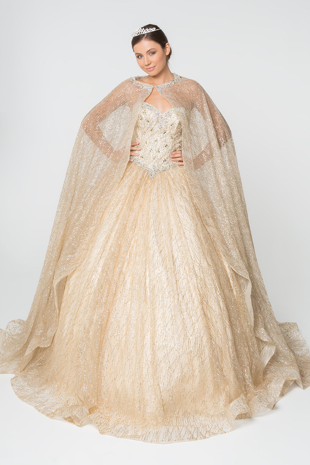 Jewel Embellished Bodice Glitter Mesh w/ Glitter Mesh Cape Long Ball Dress GLGL2801-0